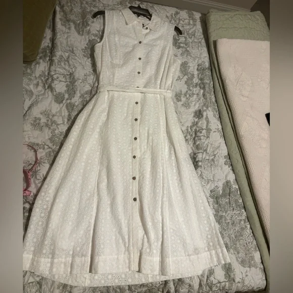 Anne Klein sz 8 white eyelet midi sleeveless sundress collared button front sash - Picture 12 of 12